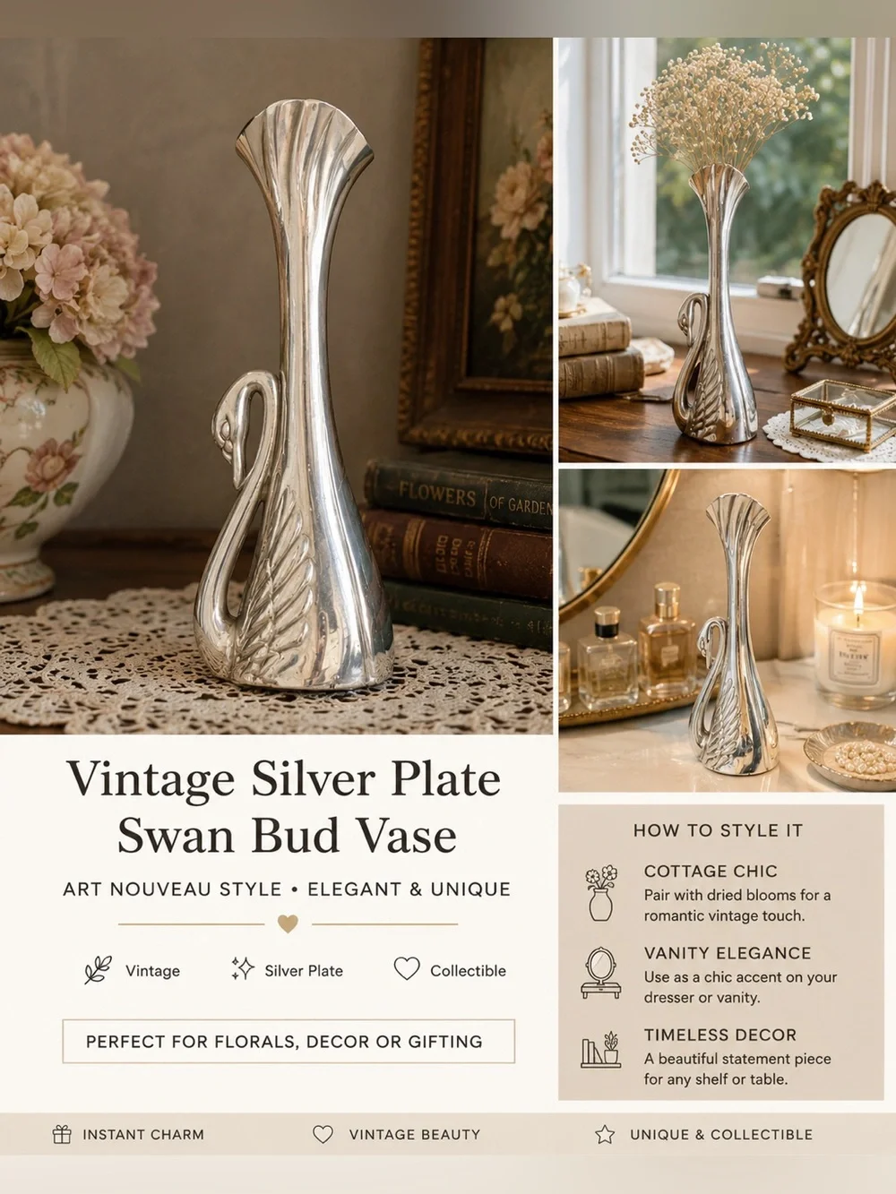 Vintage Silver Plate Swan Bud Vase Art Nouveau Style 7” Elegant Floral Decor